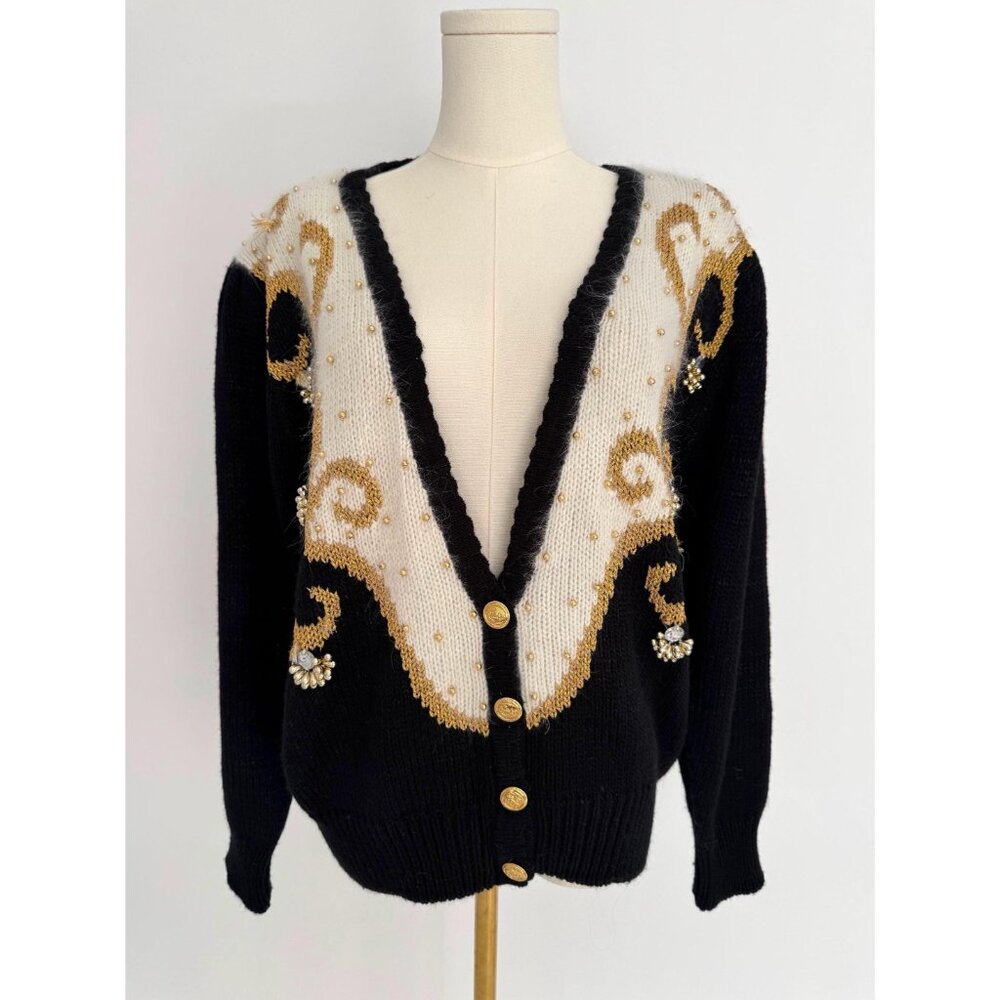80s vintage black gold beaded nautical angora knit button up sweater cardigan